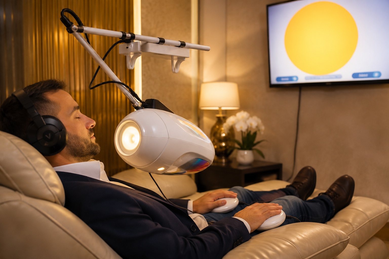 Paired light and sound therapy during a tuning session